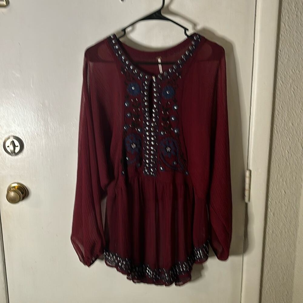 Free People Promesa Peasant Tunic Blouse Sheer Beaded Embroidered Boho M Indie - Picture 2 of 10